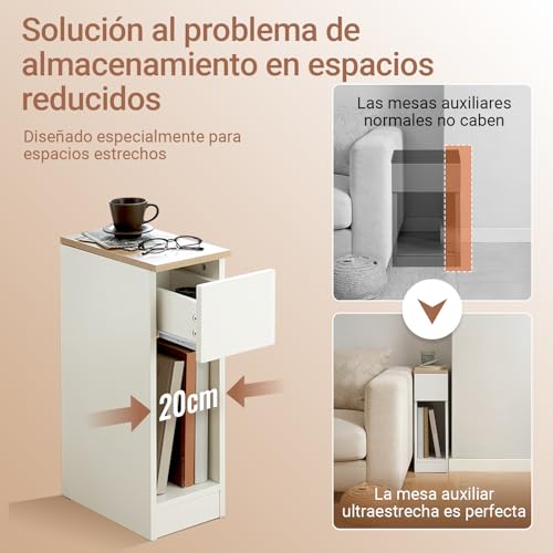 SoBuy Set of 2 Bedside Tables, Modern Nightstand with Drawer, Slim Side Table for Bedroom and Living Room, Compact Small End Table with Storage, White & Natural, FBT111-WNx2