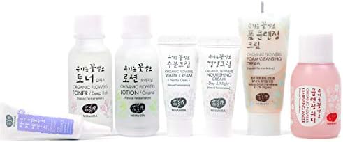 Whamisa Organic Flowers Travel and Trial Skincare Kit | Full Routine, 7 items | Certified Natural and Organic, EWG Verified | Cruelty-Free & Vegan | Korean Skincare Kit