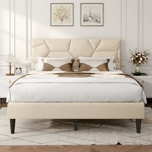 Queen Size Wood Bed Frame with Upholstered Headboard and Footboard, Modern Whit…