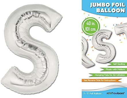 Rainbowloons Jumbo Mylar Foil Balloon, 40-Inch, Glossy Silver, Letter S