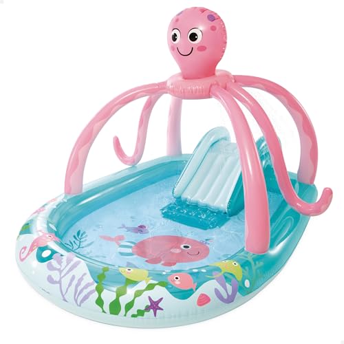 Piscina Infantil Hinchable con tobogán con Base Acolchada, dispersor de Agua y Juego Lanzamiento Anillas, Diseño Pulpo, Incluye Parche reparación, Centros de Juego para niños, 2 años (56138)