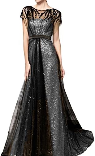 Women's Sparkly Long Formal Prom Dresses 2020 with Sleeves Evening Party Ball Gown Silver Black 12