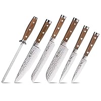 BGT Japanese 67 Layer High Grade VG-10 Super Damascus Steel Knives, Sharp, Teak Handle Professional Hammered Kitchen Knife Set with Knife Roll Bag 6Pcs Set (Silver Blade)