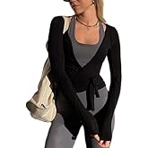 Ballet Wrap Tops for Women Y2k Long Sleeve Pilates Coquette Tops V-Neck Fitted Tie Front Crop Shirts Workout Blouse