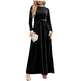 OSCORP Women's Burgundy Velvet Long Sleeve Belted Maxi Dress, Elegant Formal Evening Party Gown