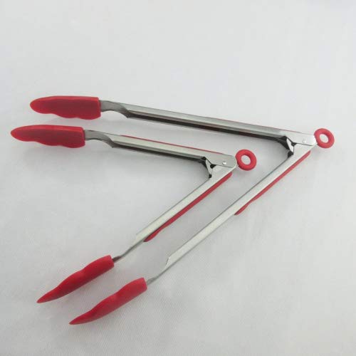 KibbiX Premium Silicone Kitchen Tongs 2 Pack Of One 9-Inch And One 12-Inch; Cherry Red Color. Comfortable And Affordable. Professionally Built For The Serious Cook