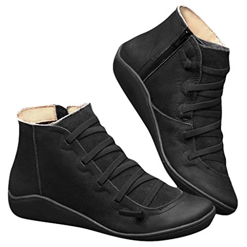 Ankle Boots for Women Low Heel Arch Support,Womens Fashion Ankle Boots Lace  Up Zipper Boots Booties Black Fl