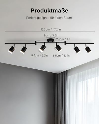 Leselux LED Ceiling Spotlight 6 Bulbs, Modern Ceiling Light Spotlight, Black, Ceiling Light Spotlights, Swivelling, Metal Spotlight Bar Ceiling Spotlight GU10 for Living Room, Bedroom, Kitchen (Bulb Not Included)