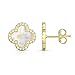 Sterling Silver Mother Of Pearl And Cubic Zirconia Four Leaf Clover Post Earrings. (14K Yellow Gold Plated)