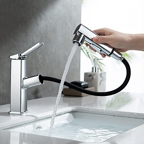 HANLIAN Single Hole Bathroom Pull Out Faucet with Rotating Spout, One Handle Faucet for Bathroom Sink, Modern Bathroom Faucet with Pull Down Sprayer, 3 Modes Lavatory Vanity Faucets (Chrome, Regular)