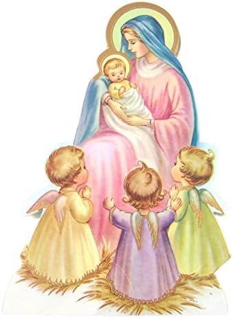 Christmas Nativity Mother and Child with Angels Statuette Standing Cardstock Holy Card, Pack of 100