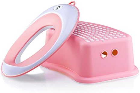 Quze Potty Seat + Matching Step Stool | Kids Toilet Training Ring for Boys or Girls + Matching Step Stool | Secure Non-Slip Surface | Suction Cup, Storage Hook, (Pink)