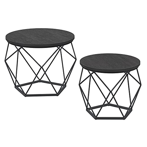 Lot de 2 Tables Basses Rondes, Tables d'appoint de canapé, Style Moderne, Plateau Amovible, Cadre en Acier, pour Salon, Noir LET040B22