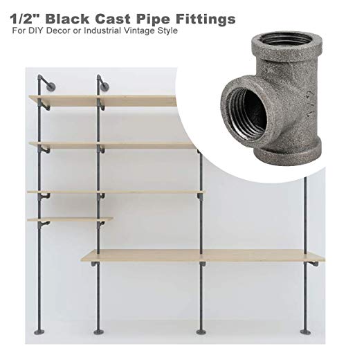 HighFree 10 Pack Iron Cast Pipe Fittings 1/2 inch Threaded Pipe Nipples Iron Industrial Piping Fittings for DIY Pipe Furniture (1/2 inch Tee)