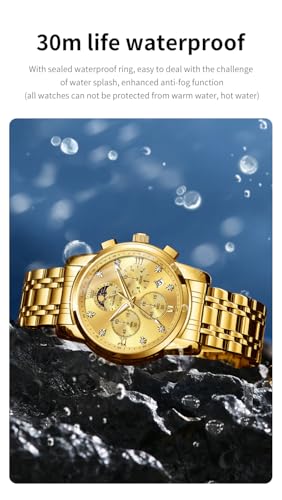 OLEVS Watch for Men Diamond Business Dress Analog Quartz Stainless Steel Waterproof Luminous Date Two Tone Luxury Casual Wrist Watch Blue, gold watches 3655, men watch