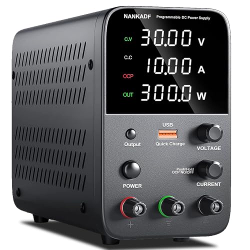 Laboratory Power Supply Unit, 0-30 V, 0-10 A, DC Adjustable Power Supply with 4-Digit LED Display, Encoder Adjustment Knob and Output Switch