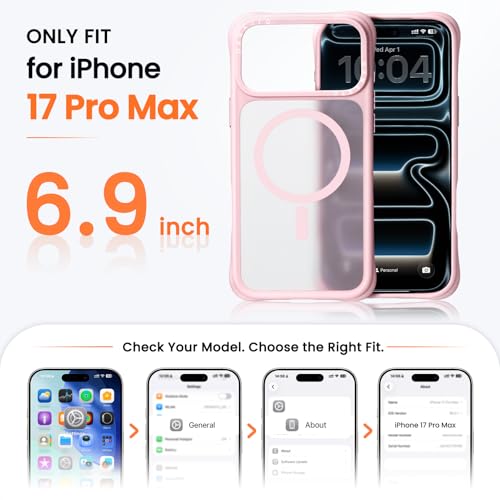 ORNARTO Airbuffer Magnetic for iPhone 17 Pro Max Case,Compatible with Magsafe,20FT Drop Shockproof Corner Protection,Matte Translucent Back, Slim Protective 17 Pro Max Phone Cases Cover-Pink