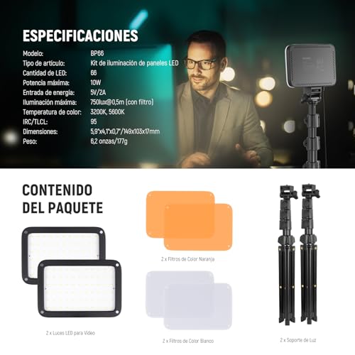 NEEWER Básico Panel Luz Vídeo LED Kit, 2 Pack Bicolor Estudio Foco Portátil con Soporte para Trípode y Filtros, 3200K~5600K CRI 95 750lux para Fotografía, Grabación, Transmisión en Vivo, BP66