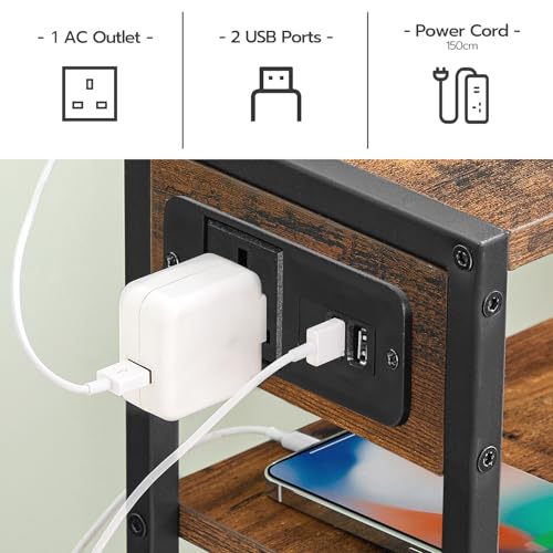 HOOBRO Narrow Side Table with Charging Station, Skinny Nightstand with USB Ports and Outlets, Slim Sofa End Table, Industrial Bedside Table with Storage Shelf, Rustic Brown and Black EBF102KBZ01
