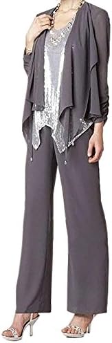 Fanmu Grey Chiffon Three Piece Mother of The Bride Dress Pants Sets With Silver Sequins Vest Grey US 26plus