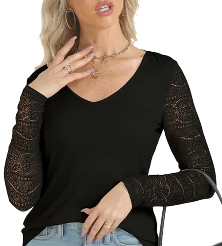 CAKULO 2024 WOMENS TOPS DRESSY CASUAL BUSINESS V NECK LACE LONG SLEEVE TRENDY WORK LAYERING RIBBED BLOUSES SHIRTS BLACK S