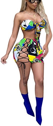 Aleng Women's Sexy Two Piece Outfit Clubwear Front Bowknot Tie Crop Top and Lace up Bodycon Mini Skirt Party Dress