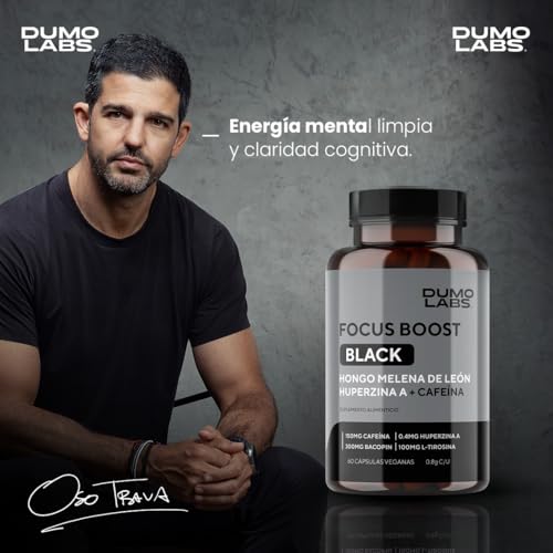 Dumo Focus Boost Black | Nootrópico Natural con Melena de León, Bacopa, Cafeína y Huperzina A | Energía Mental, Enfoque y Rendimiento Diario | 60 Cápsulas Veganas sin Gluten | 1 mes de consumo