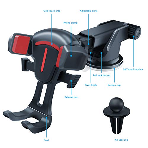 BOLWEO Car Phone Holder Mount Air Vent, Dashboard Cell Phone Holder, Car Phone Mount for Car Compatible with iPhone 12 Pro Max/11/11 Pro/11 Pro Max/XR/XS/8/7/6 Galaxy s20 Note 10 9 Plus (Red)