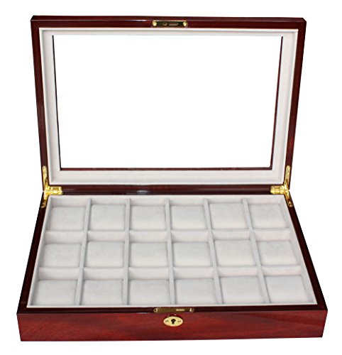 Elegant 18 Piece Cherry Wood Rosewood Watch Box Display Case Collection Jewelry Box Storage Glass Top