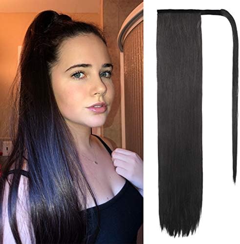 BARSDAR 24 inch Ponytail Extension Long Straight Wrap Around Clip in Synthetic Fiber Hair for Women - Natural Black