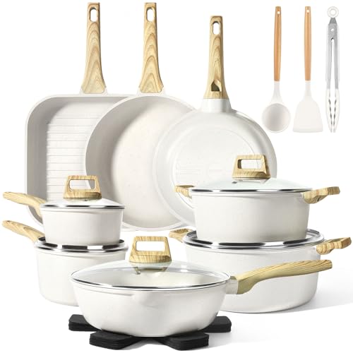 GiPP 21Pcs Pots and Pans Set Non Stick - White Granite Kitchen Cookware Sets Nonstick Induction Cookware Non-toxic Cooking Pan Set with Silicone Utensils, PFOS and PFOA Free