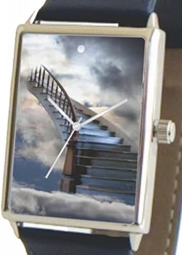 "Stairway To Heaven" Is the Inspirational Image on the Dial of the Unisex Size Polished Chrome Rectangle Case with Navy Blue Leather Strap