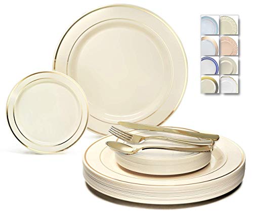 " OCCASIONS" 600 Pcs Set & 120 Guest Wedding Disposable Plastic Plate & Silverware Combo Set (Ivory & Gold Rim plates, Gold Silverware)