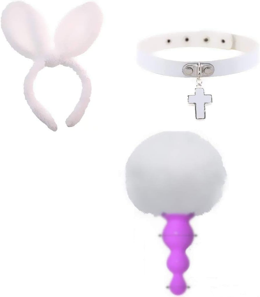 Fluffy B-ütt P-l-ǔ-g Rabbit Tail, Cross Pendant Collar Choker, Rabbit Ears Headband, Cosplay Role Play Halloween Toys(White-Purple)