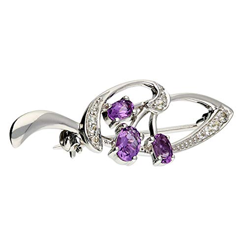 Cubic Zirconia (CZ) Set Marcasite & Purple Amethyst Swirl Sterling Silver Brooch for Women Ladies - 925 Sterling Silver - Vintage/Antique Style Brooch Pin/Clip. H3040