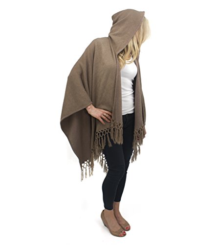 Jessica McClintock Solid Knit Hooded Fringe Cape Ruana Wrap Shawl Poncho Khaki
