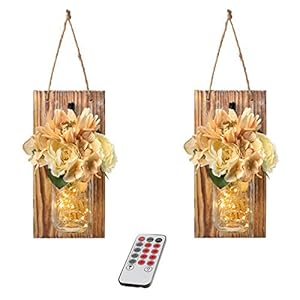 Remote Mason Jar Decor Wall Hanging – Country Farmhouse Vintage Wall Art Decor with Wireless Remote, LED Fairy Lights 6…