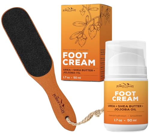 Pumice Stone Foot File - Wooden Pedicure Feet Scrubber -Foot Cream for Dry Cracked Feet and Heels - Urea, Shea Butter, Jojoba Oil, Vitamin E 1.7 Oz