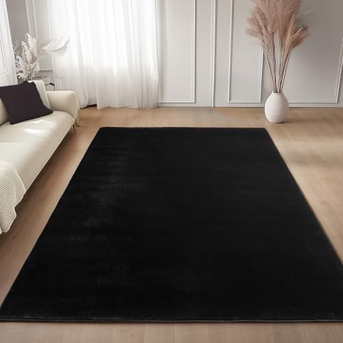 Carpettex Teppich Schwarz 160x220 cm- Kurzflor Teppich Waschbar, weich & rutschfest, modern einfarbiges Design für Wohnzimmer, Küche Schlafzimmer, & K