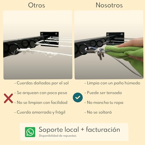 Tendedero de Ropa en Pared con Accesorios de Acero Inoxidable y 5 líneas de Cable de Acero Recubierto de Plástico, Rack para Ropa Grande y Extendible hasta 5 m. Colgador de Ropa Interior y Exterior