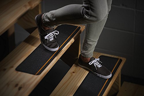 Safe Way Traction 6" X 24" Black Anti Slip Stair Tread Non Skid (60-Grit) Safety Tape with Yellow Reflective Stripe 10 Treads Per Pack