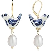 Blue & White Porcelain Bird Dangle Earrings – Hand Painted Ceramic with Pearl Drop, 925 Sterling Silver Leverback Gift for Women