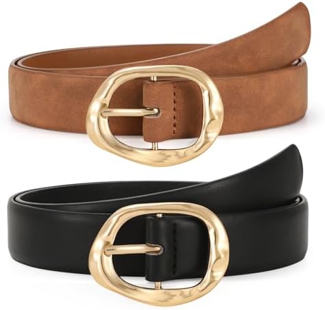 Women Belts Leather Jeans Pants with Gold Buckle Pack 2 Fashionable 2 Pack Womens Leather Waist Belts for Jeans Pants with Gold  main image 2