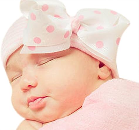 Pink and White Striped hat with Polka dot Bow