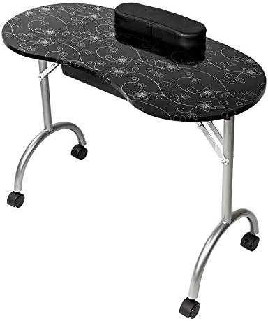 WisHome Nail Table Portable Manicure Table with Arm Rest & Drawer Salon Spa Nail Equipment Black