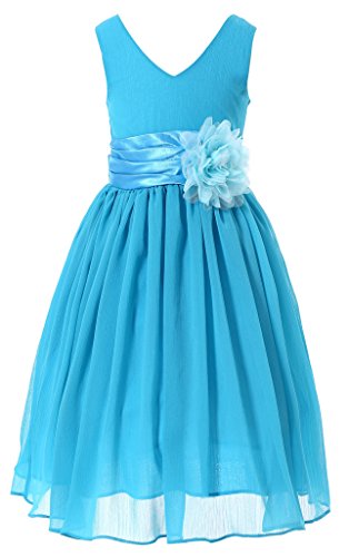 Bow Dream Flower Girl Dress Junior Bridesmaids V-Neckline Chiffon Blue 12