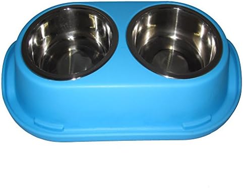 Pet Bowl, Oval Nontoxic Plastic Base &amp; Removable Stainless Steel Bowl (2 X 10 OZ, Blue)