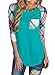 Annflat Women's Casual Striped 3/4 Sleeve Pocket T Shirt Color Block Blouses and Tops,Green,(US8-10)Medium