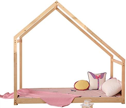 UHOM Bedroom 66''x29'' Furniture Premium Wood Children Toddler House Bed Frame Tent Bed Floor Bed