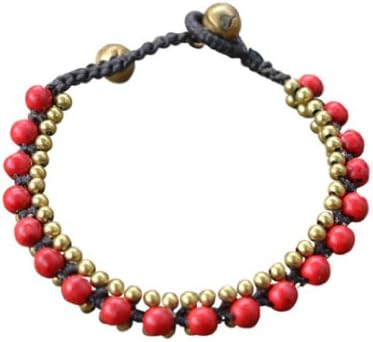 Ploy! Red Coral Beads Brass Bracelet Waxed Cotton Cord Hippie Gypsy Adjustable Size Handmade BB8